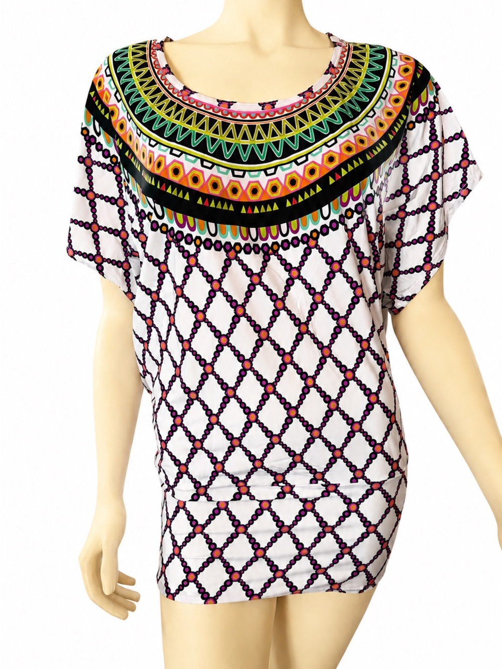 Trina Turk White Swimsuit Cover-up with Multicolor Geometric Neckline